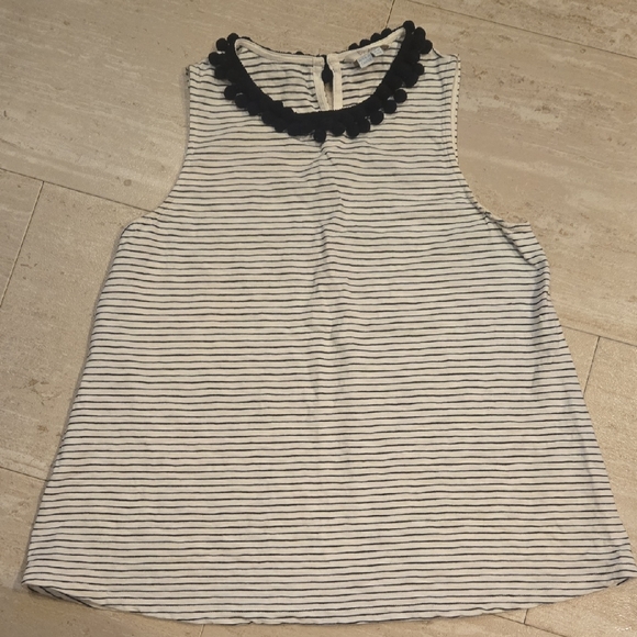 Boden Tops - Boden White/Black Striped Pom Pom Accent Neck Line Sleeveless Swing Top